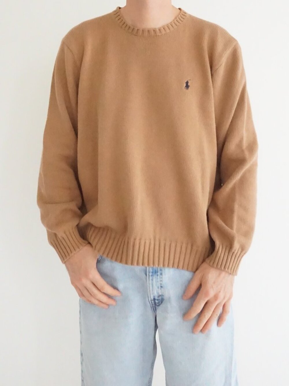 Vintage Polo Ralph Lauren Camel Brown Pony Embroidered Cotton Knitted Sweater 2X